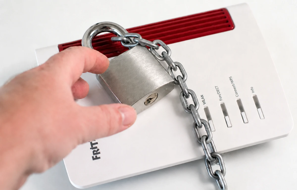 WLAN-Router mit Kette und Vorhängeschloss als Symbol für sichere Router-Einstellungen.